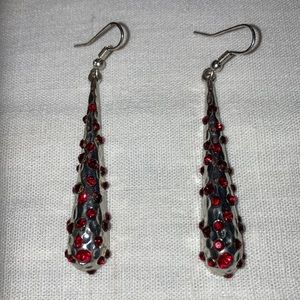 SILVERTONE w/red rhinestones long teardrop 2” earrings, like new.  $17